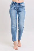 Light blue mid-rise slim jeans with vintage wash and ankle-length cropped legs