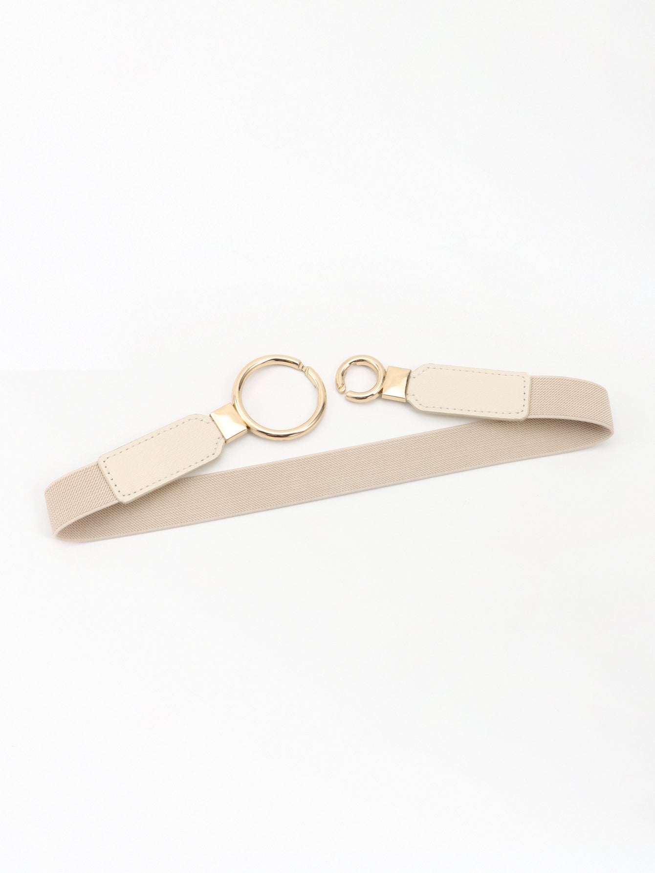 Cream elastic vegan leather belt with double ring buckle and loop ends