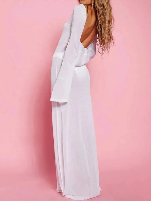 White backless long sleeve maxi cover-up with draped V-back