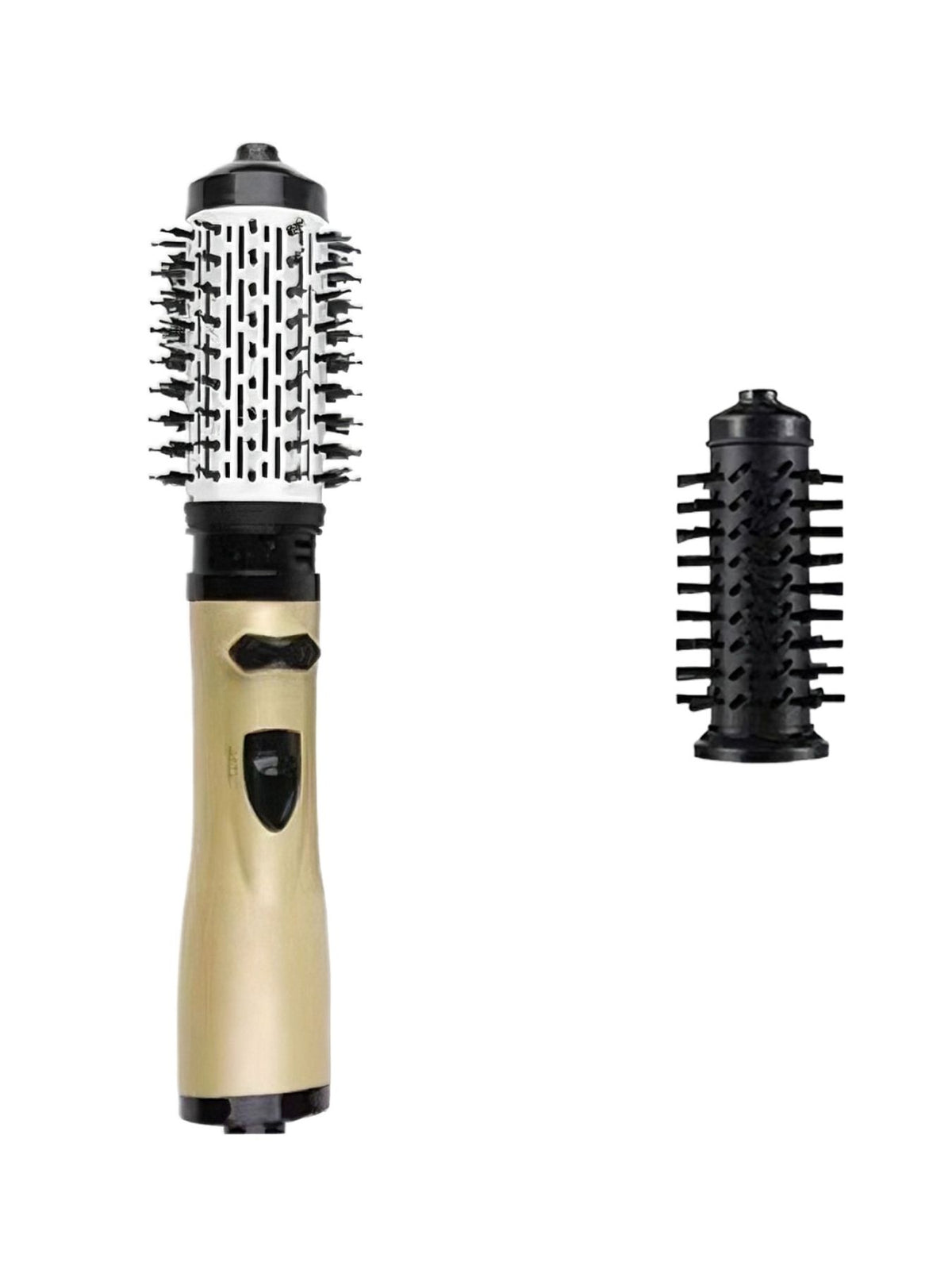Hot air brush hair dryer styler with round brush head and gold handle