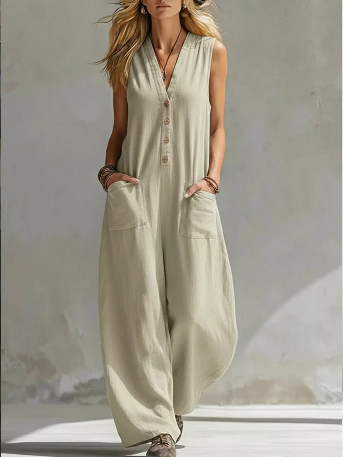 Cream V-neck sleeveless wide-leg jumpsuit with button front and side pockets