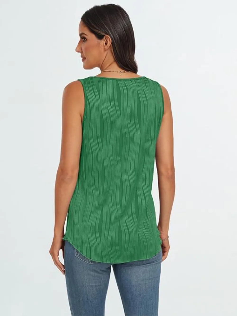 Dark green back view wide-strap tank with round neckline and vertical textured stripes