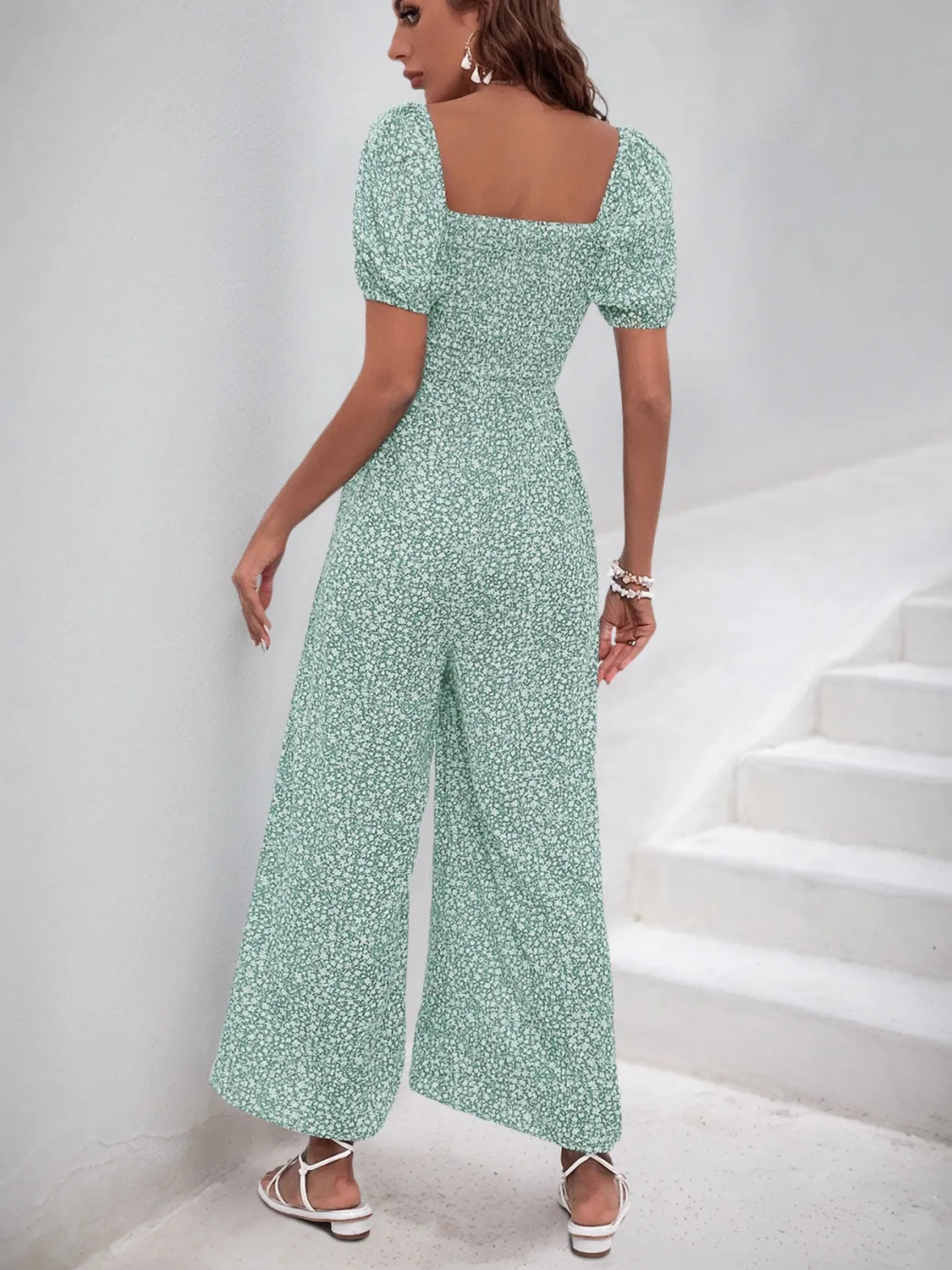 Green printed square-neck puff-sleeve jumpsuit with wide-leg palazzo pants