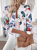 Floral zip-up long-sleeve jacket with white base and multicolor leaf print