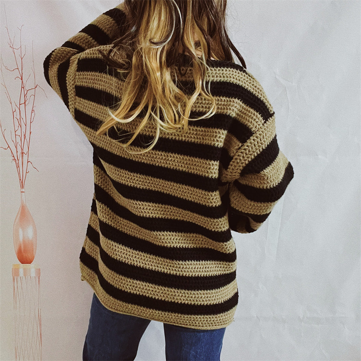 Striped long sleeve sweater, tan and dark brown striped knit, crew neck, roomy fit