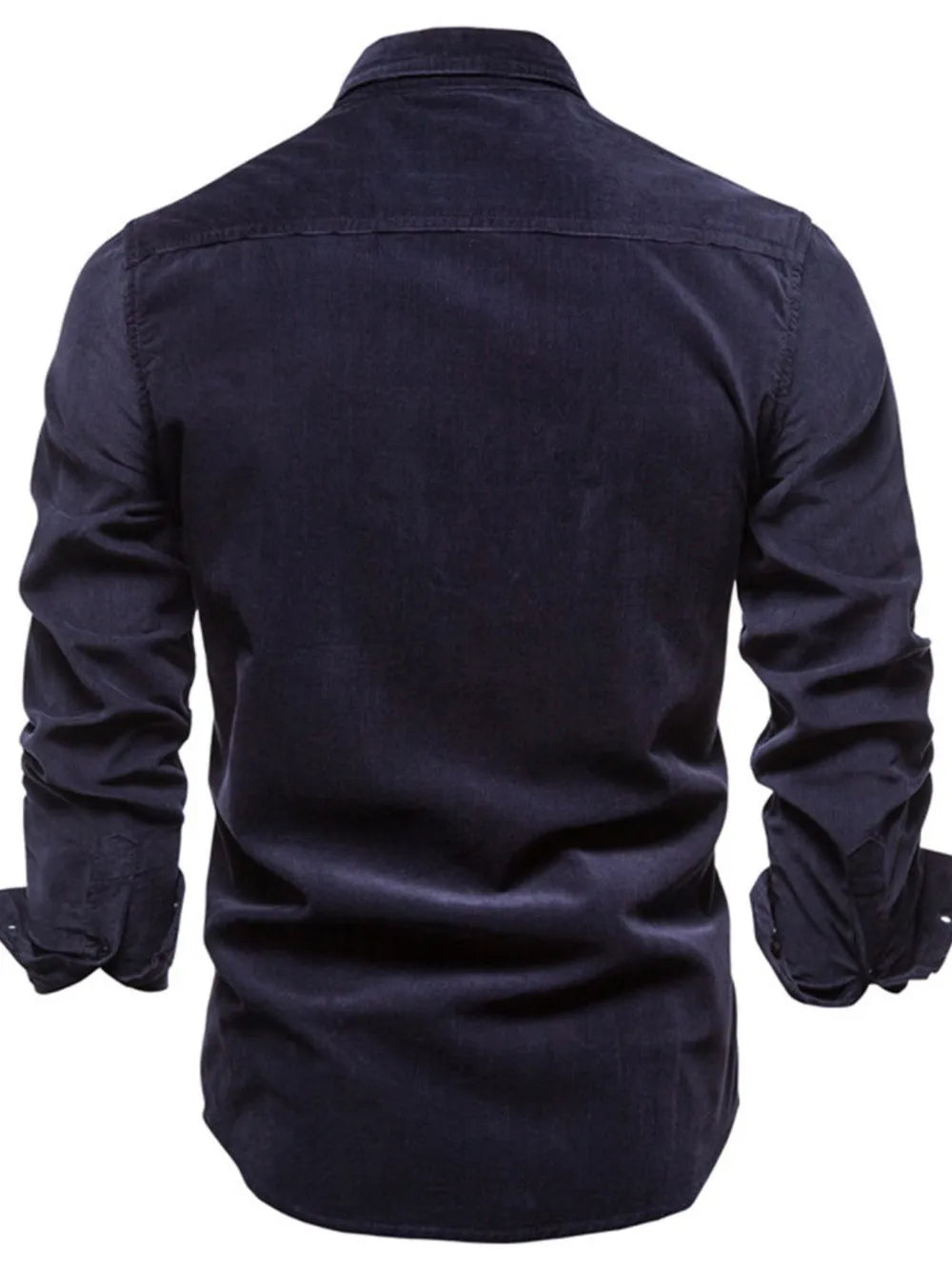 Men's indigo button-down collared shirt, back view, with long sleeves