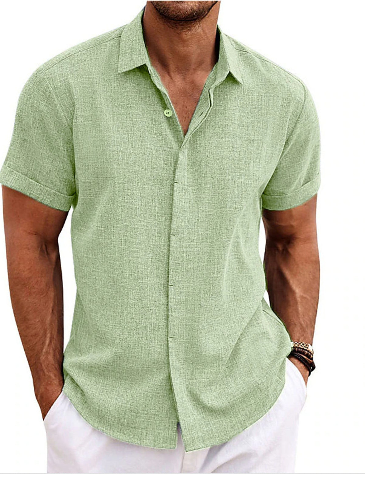 Men's light green short-sleeve button-down shirt with collar and button front