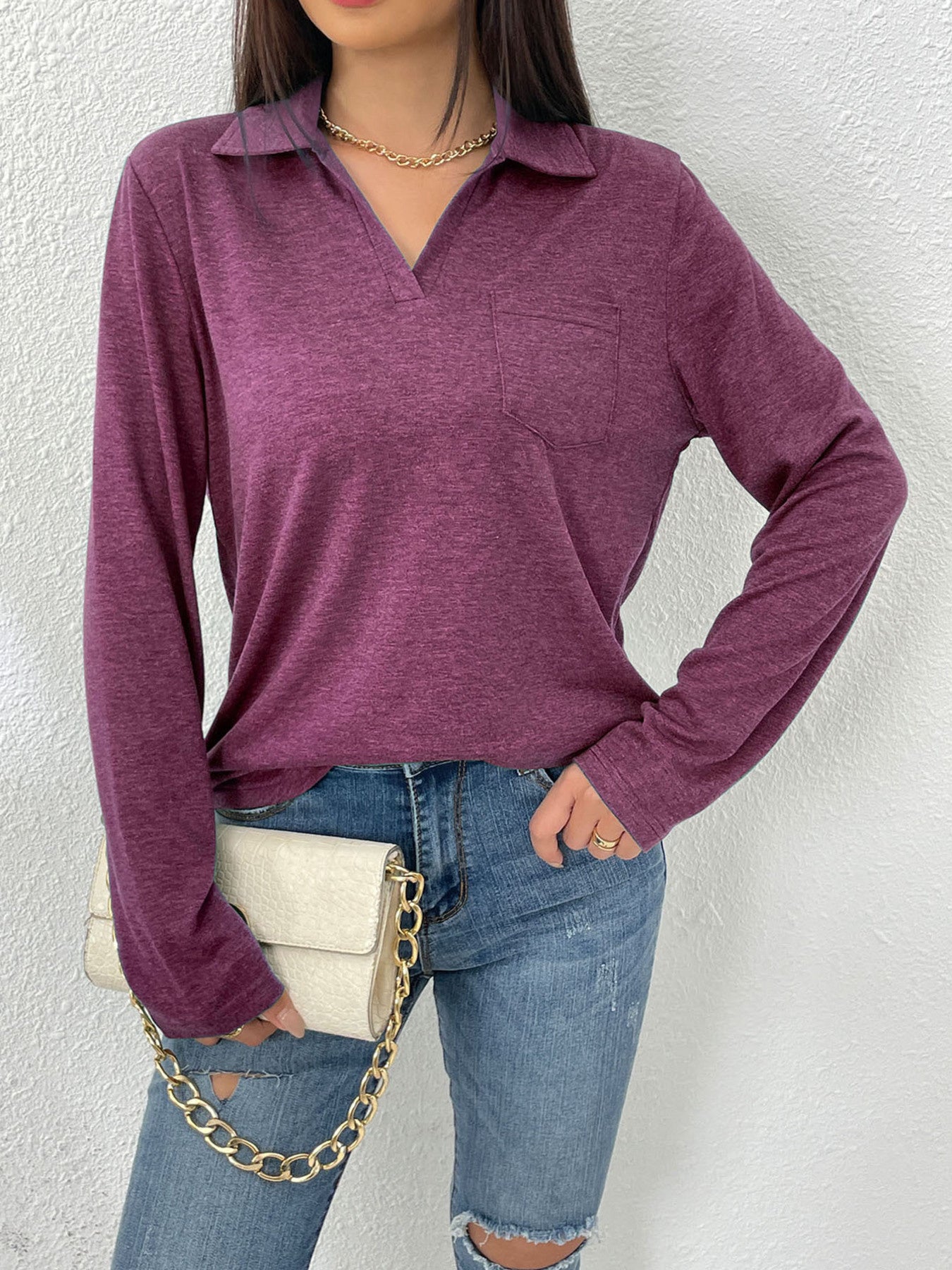 Cedar & Moore Collared Neck Long Sleeve T-Shirt in plum purple with chest pocket by Trendsi