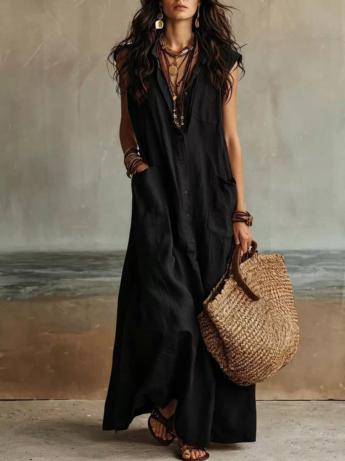 Black sleeveless button-front linen maxi dress with chest pocket and patch pockets