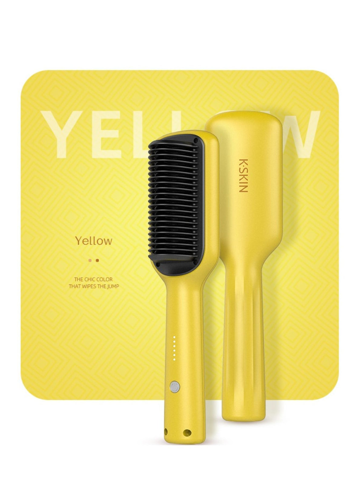Yellow heated hair straightening comb on product card with comb and handle