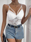 White lace spaghetti strap bodysuit with deep V-neck and floral cups