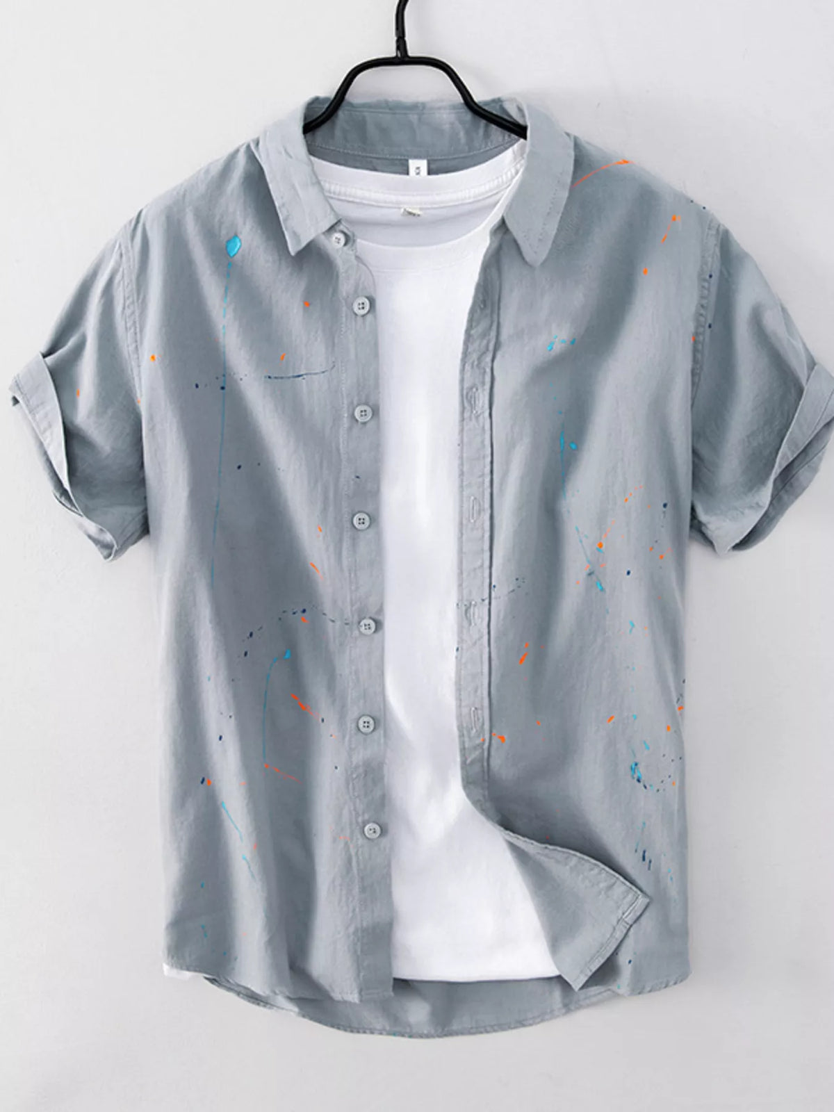 Gray short-sleeve button-up cotton shirt with multicolor speckle print and chest pocket