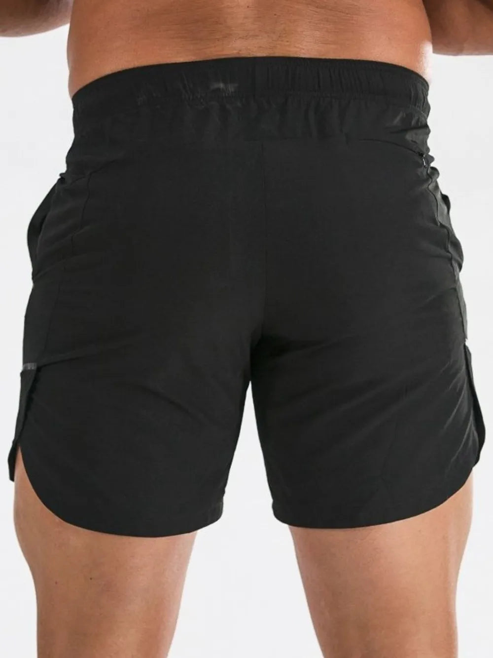 Men's plus-size quick-dry shorts with pockets, black, back view, elastic waistband