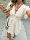 Cedar & Moore Textured V-Neck Mini Dress in white lace fabric with ruched, smocked details