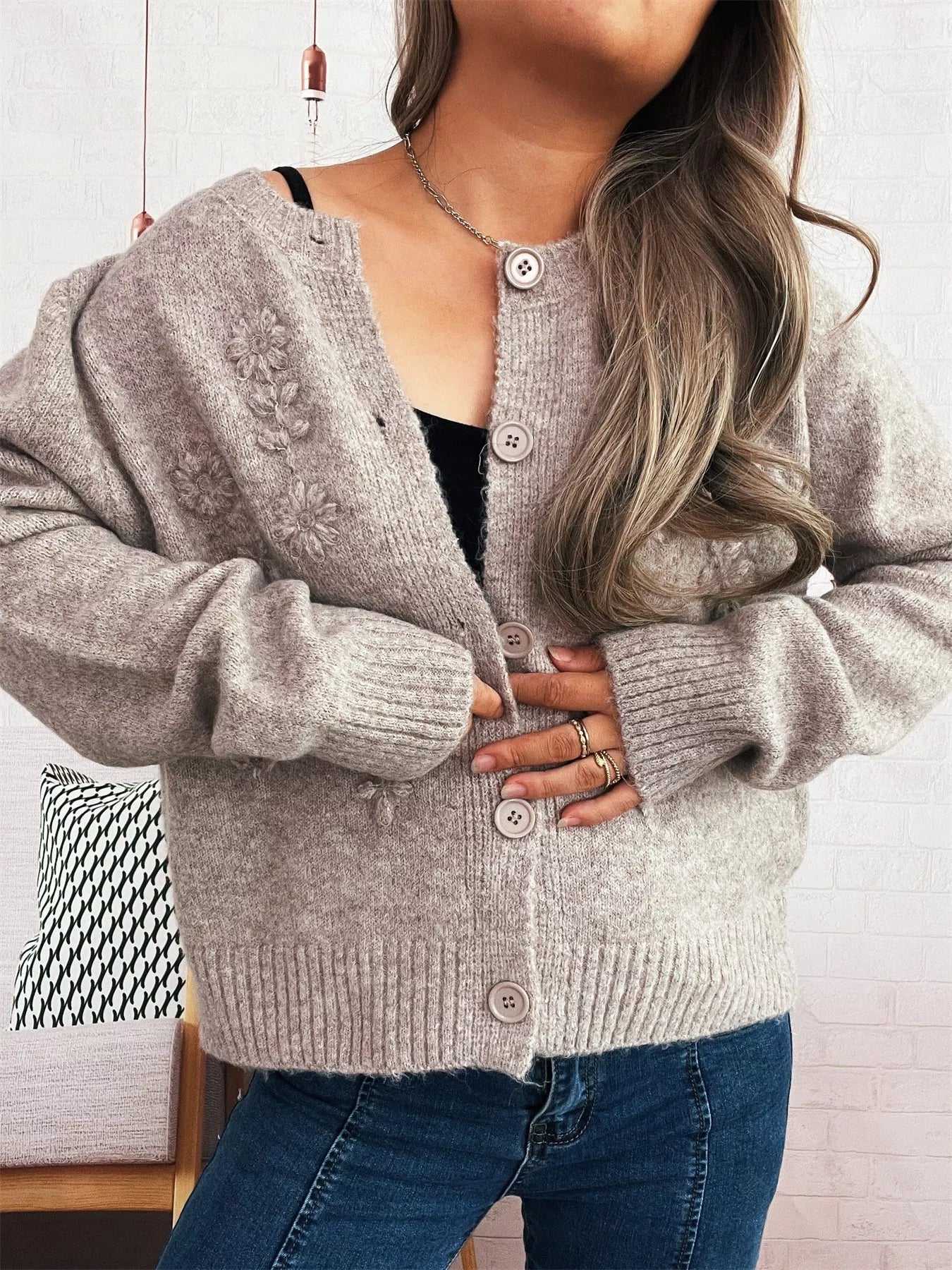Gray cardigan with floral embroidery, button front, ribbed cuffs and hem