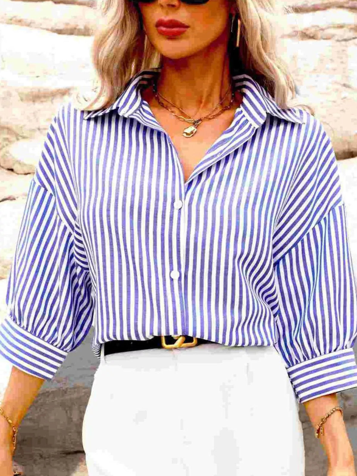 Blue and white striped button-down shirt, point collar, long sleeves with button cuffs