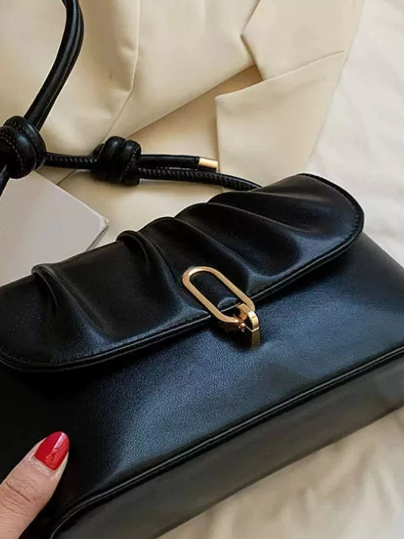Trendsi ruched-detail black PU shoulder bag, small size with gold-tone hardware clasp