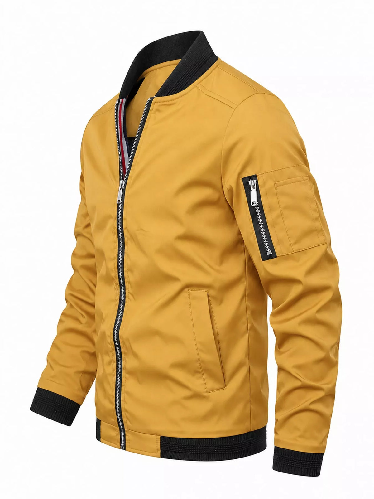 Mustard yellow lightweight bomber jacket with front zipper, pocket and ribbed cuffs