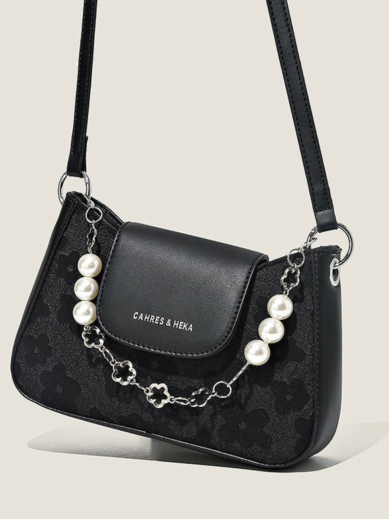 Pearl Chain Decor Shoulder Bag, black PU, Cahres & Heka logo.