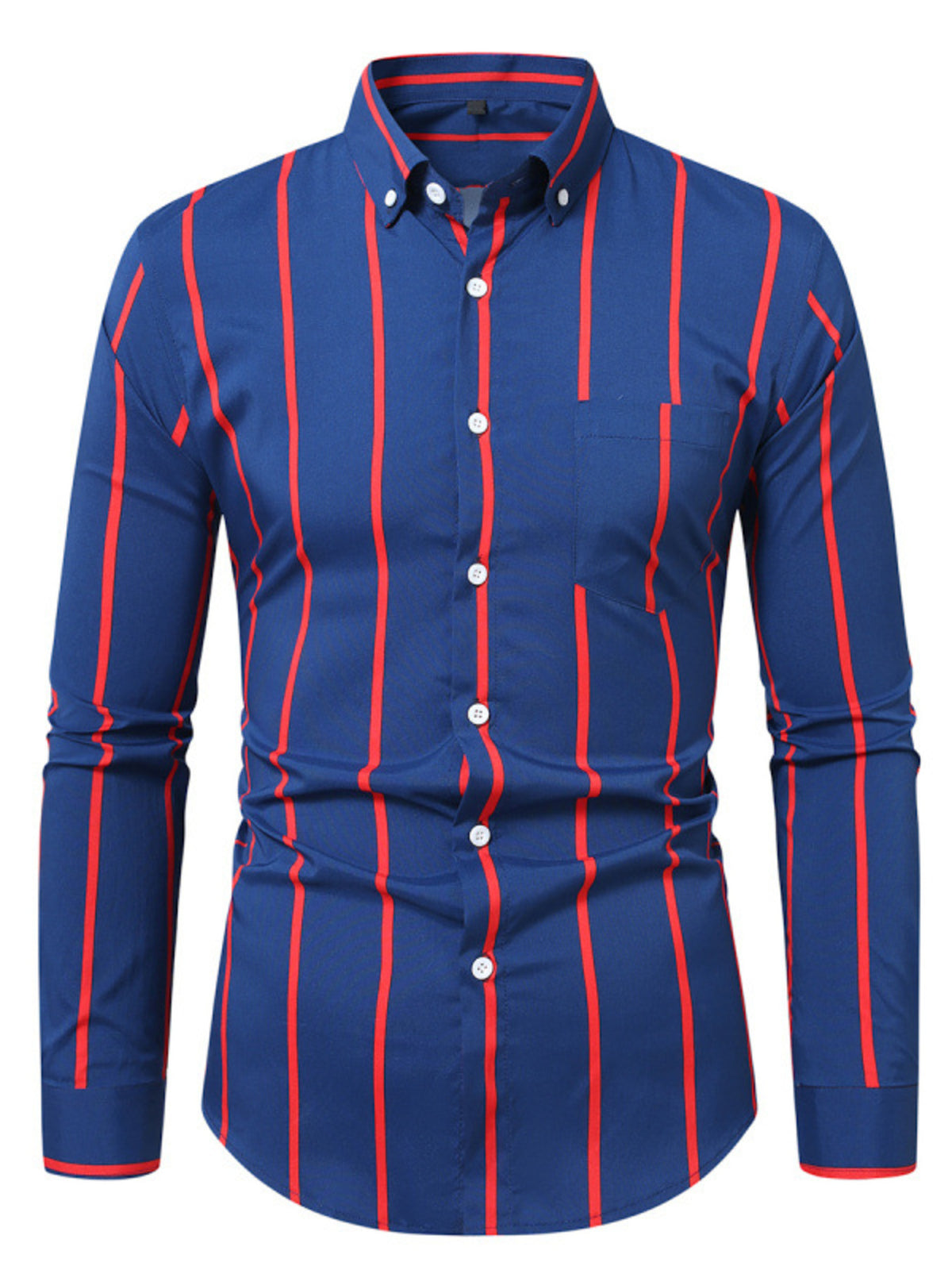 Men's slim fit striped button-up cotton shirt, blue with red vertical stripes