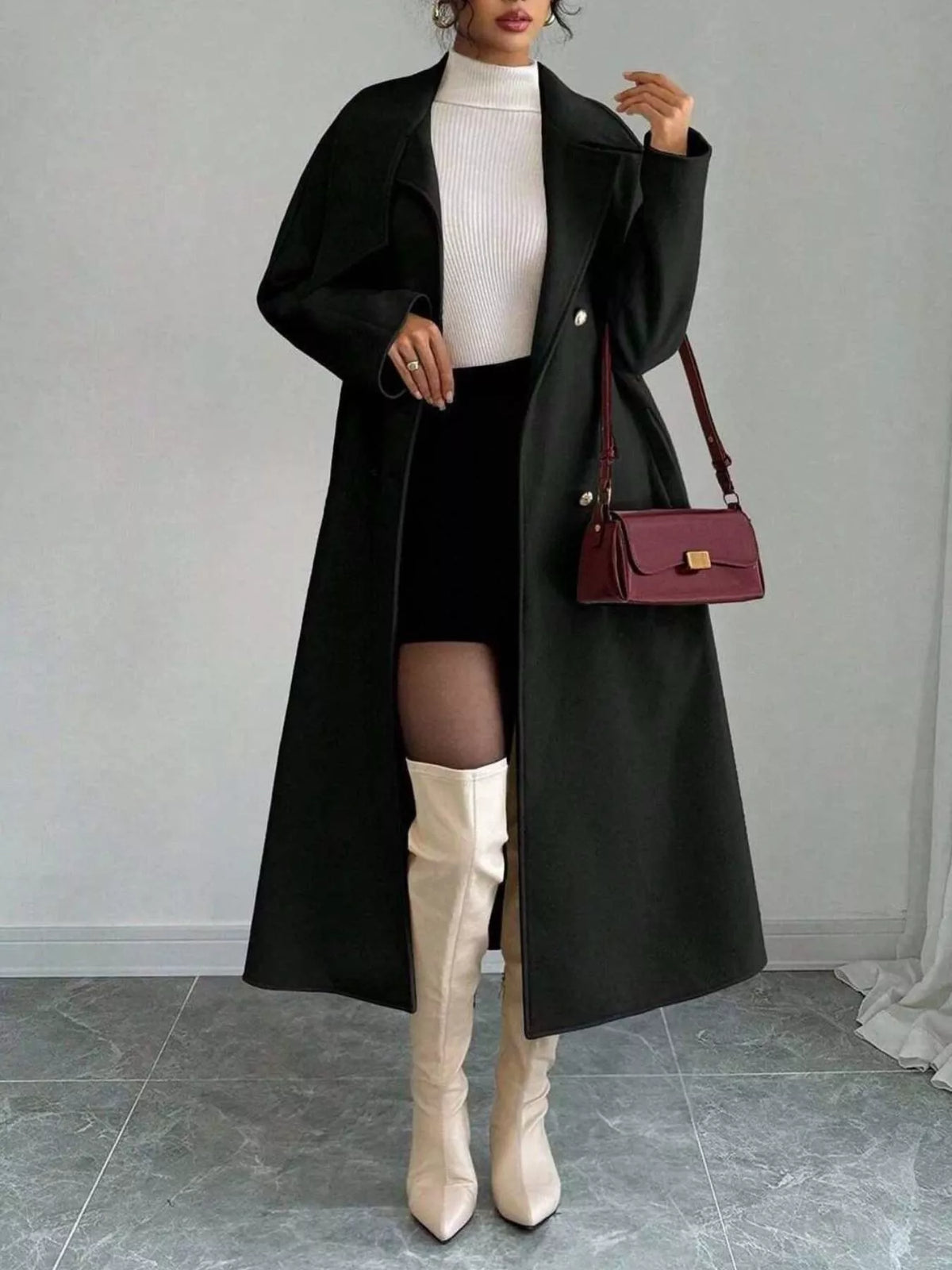 Longline belted double-breasted coat, black, with gold buttons and wide lapels