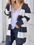 Striped hooded open-front cardigan, white and dark navy knit with long sleeves