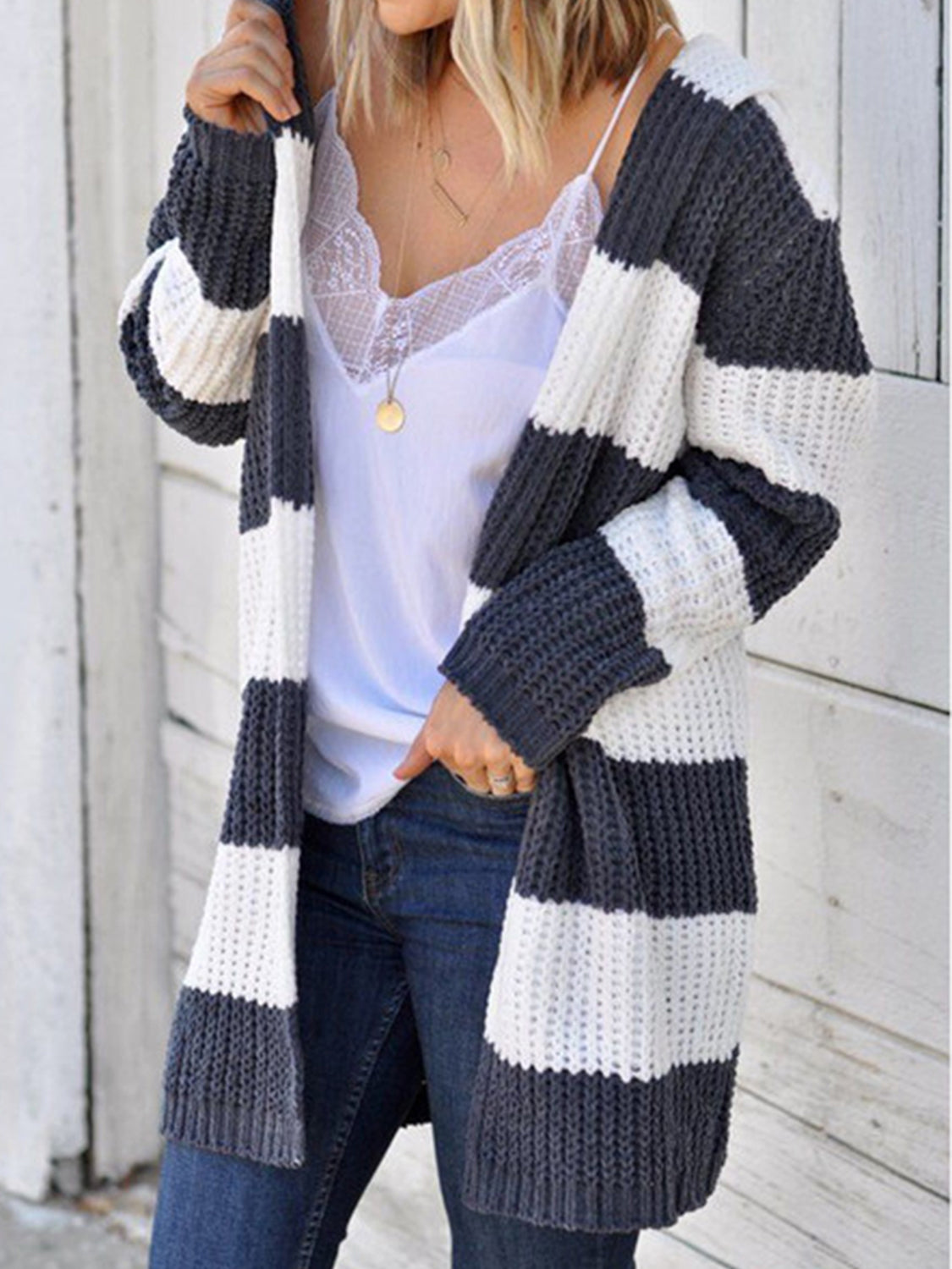 Striped hooded open-front cardigan, white and dark navy knit with long sleeves