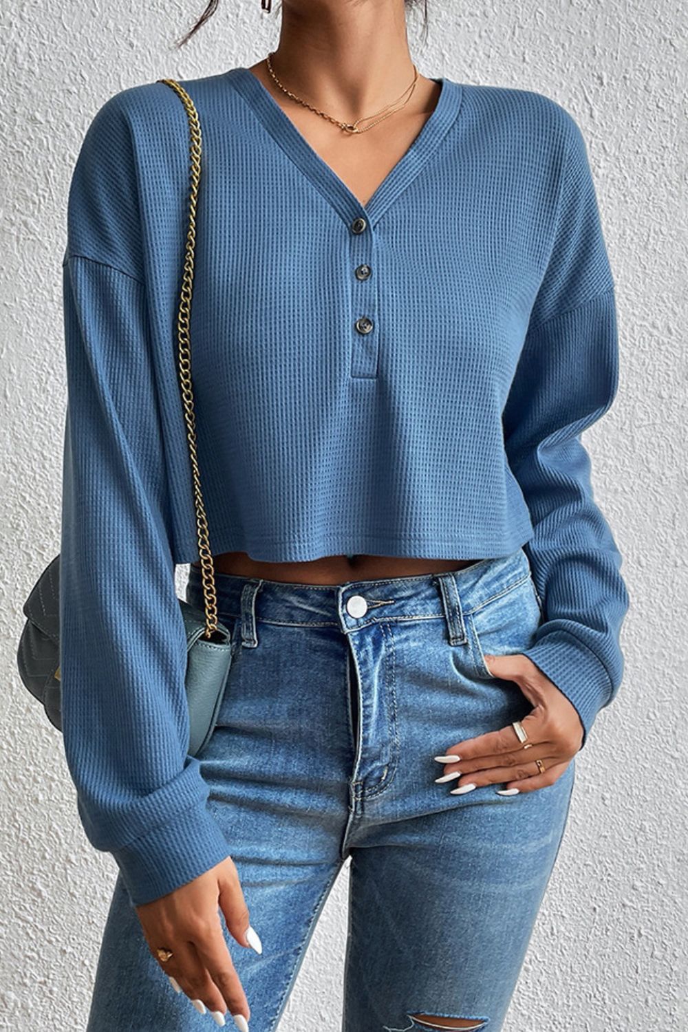 Dusty blue cropped button-front V-neck raglan sleeve blouse