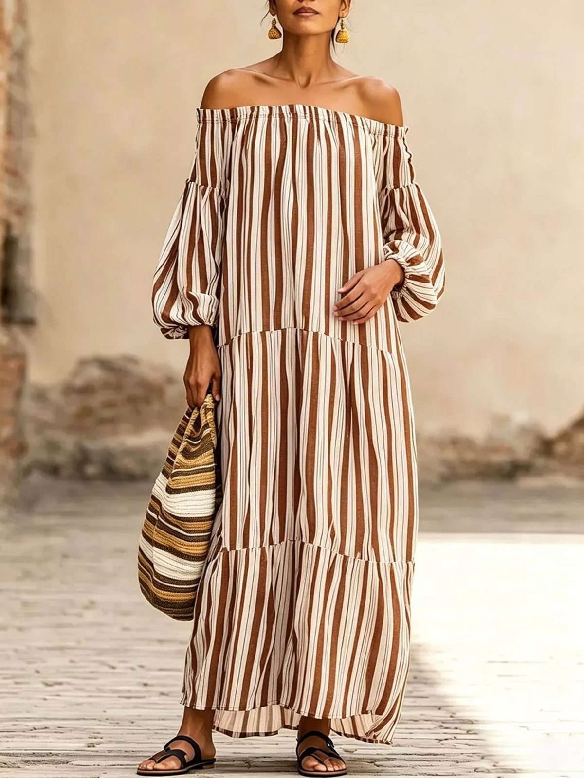 Off-shoulder striped maxi dress in camel and cream, tiered skirt, gathered off-shoulder