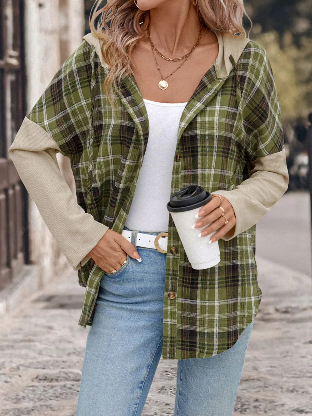 Plaid hooded long-sleeve shirt with open button front, green and dark brown check