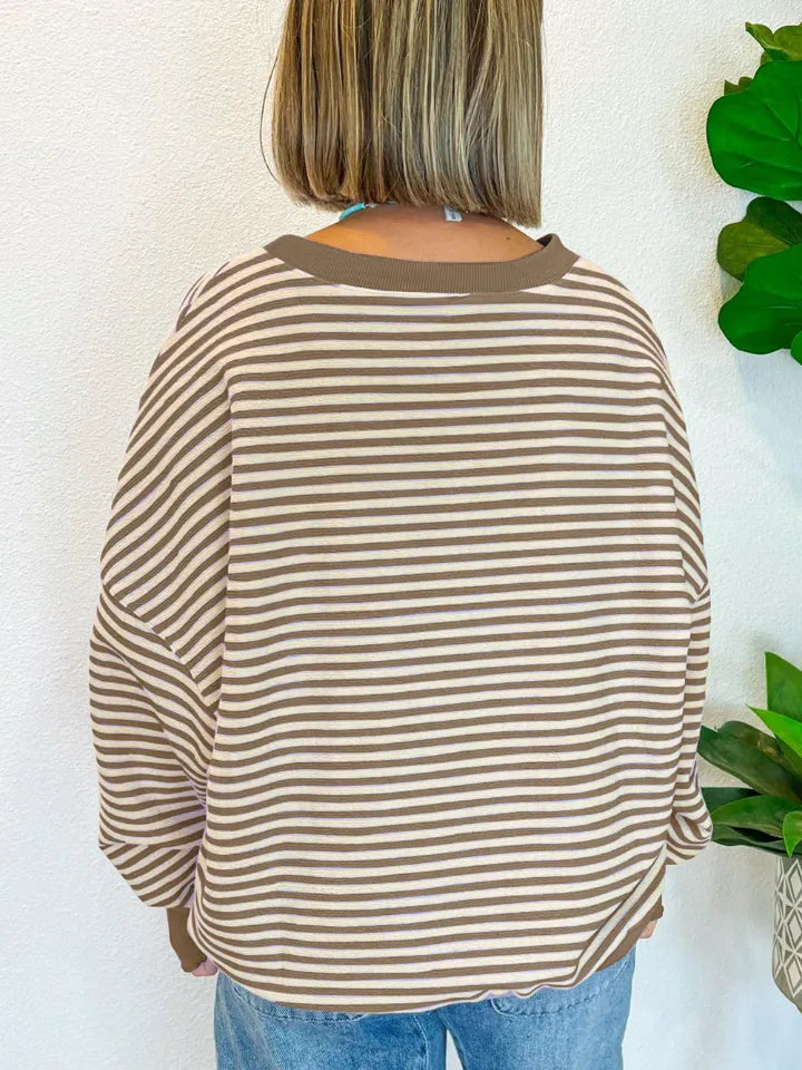 Taupe-and-cream striped long-sleeve sweatshirt shown from back