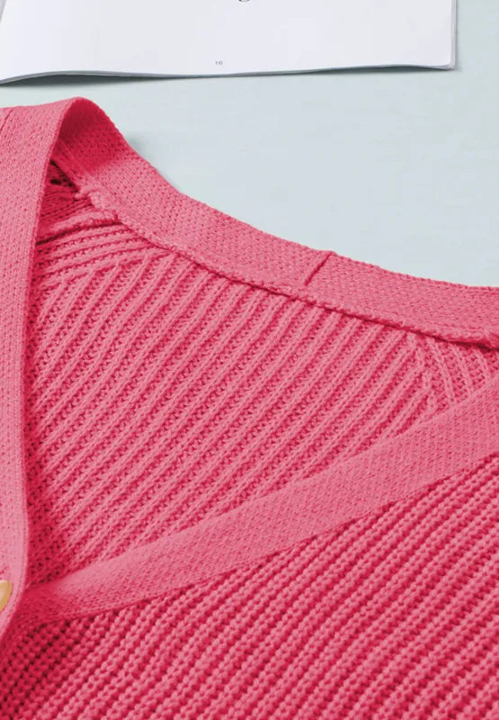 Openwork V-neck cardigan neckline with ribbed trim and diamond knit yoke
