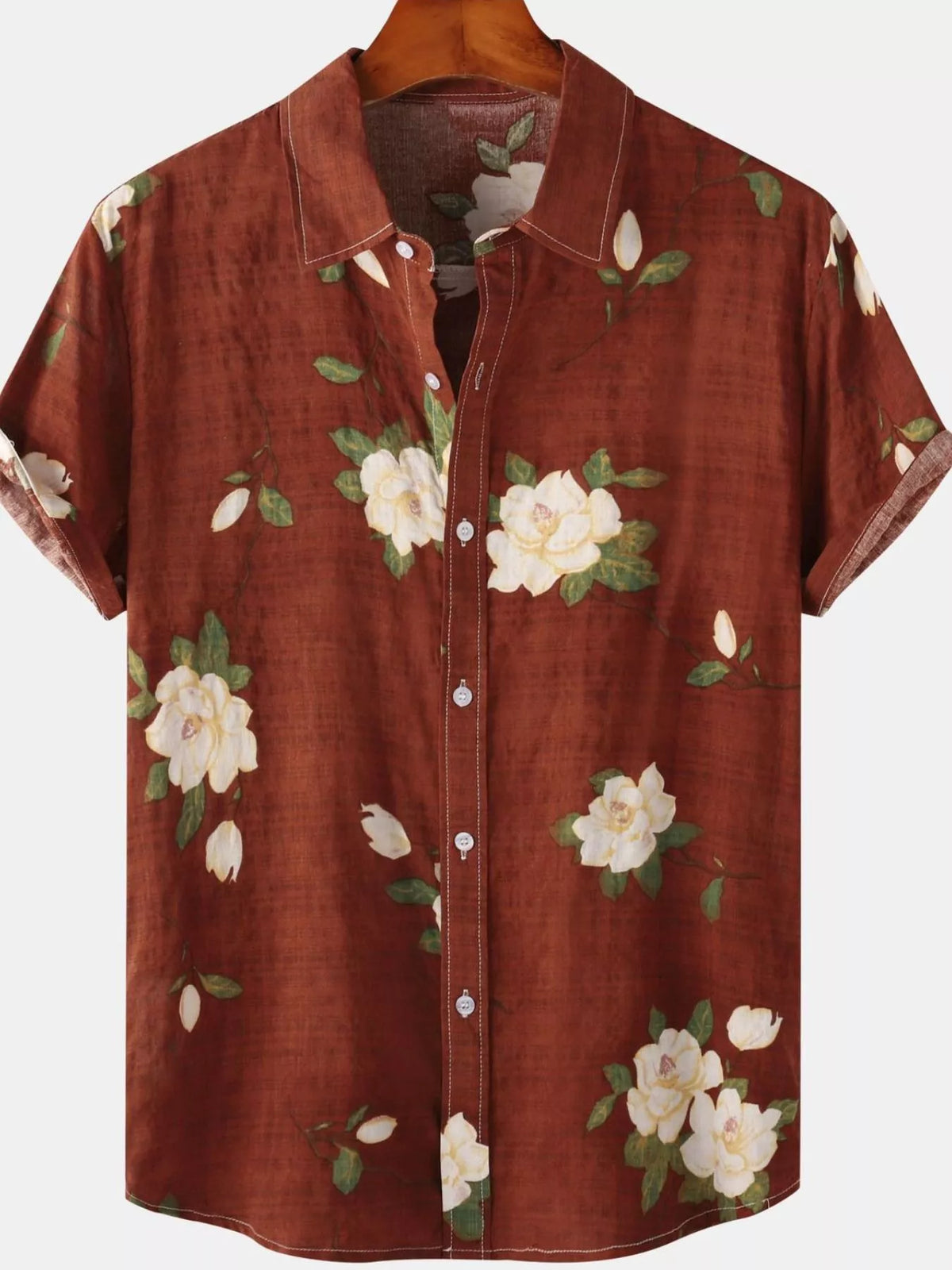 Men's dark brown floral short-sleeve button-up shirt, back view with all-over print