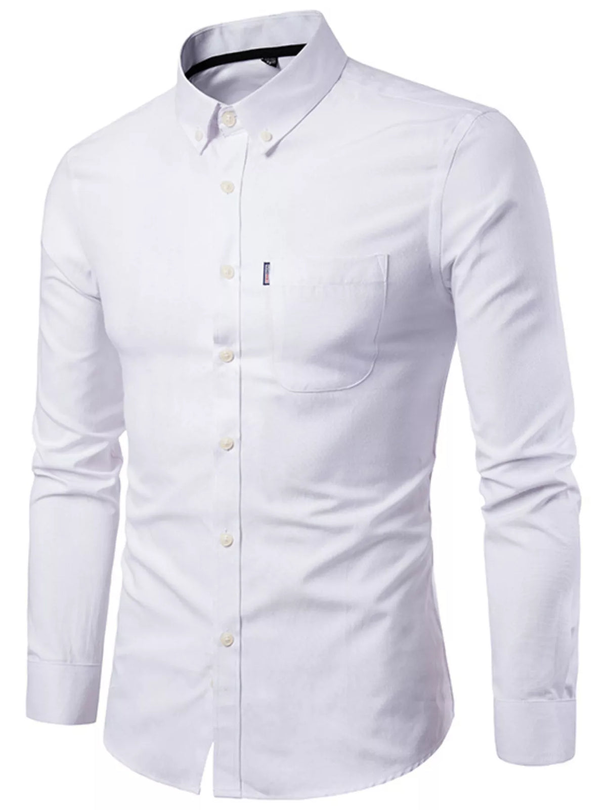 Men's slim fit long-sleeve stretch shirt, white button-up with chest pocket