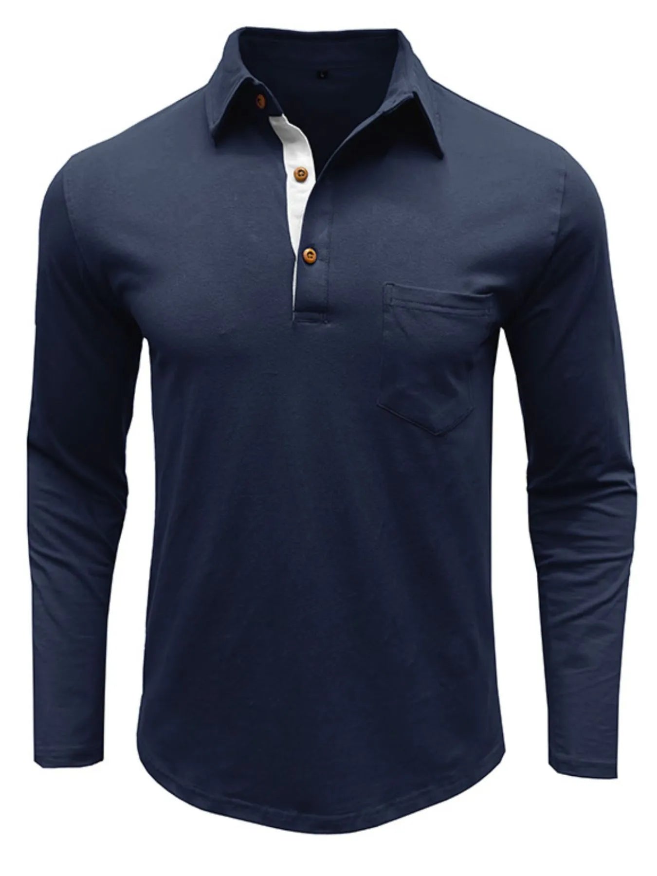 Men's long sleeve polo shirt in navy blue, with chest pocket and button placket.
