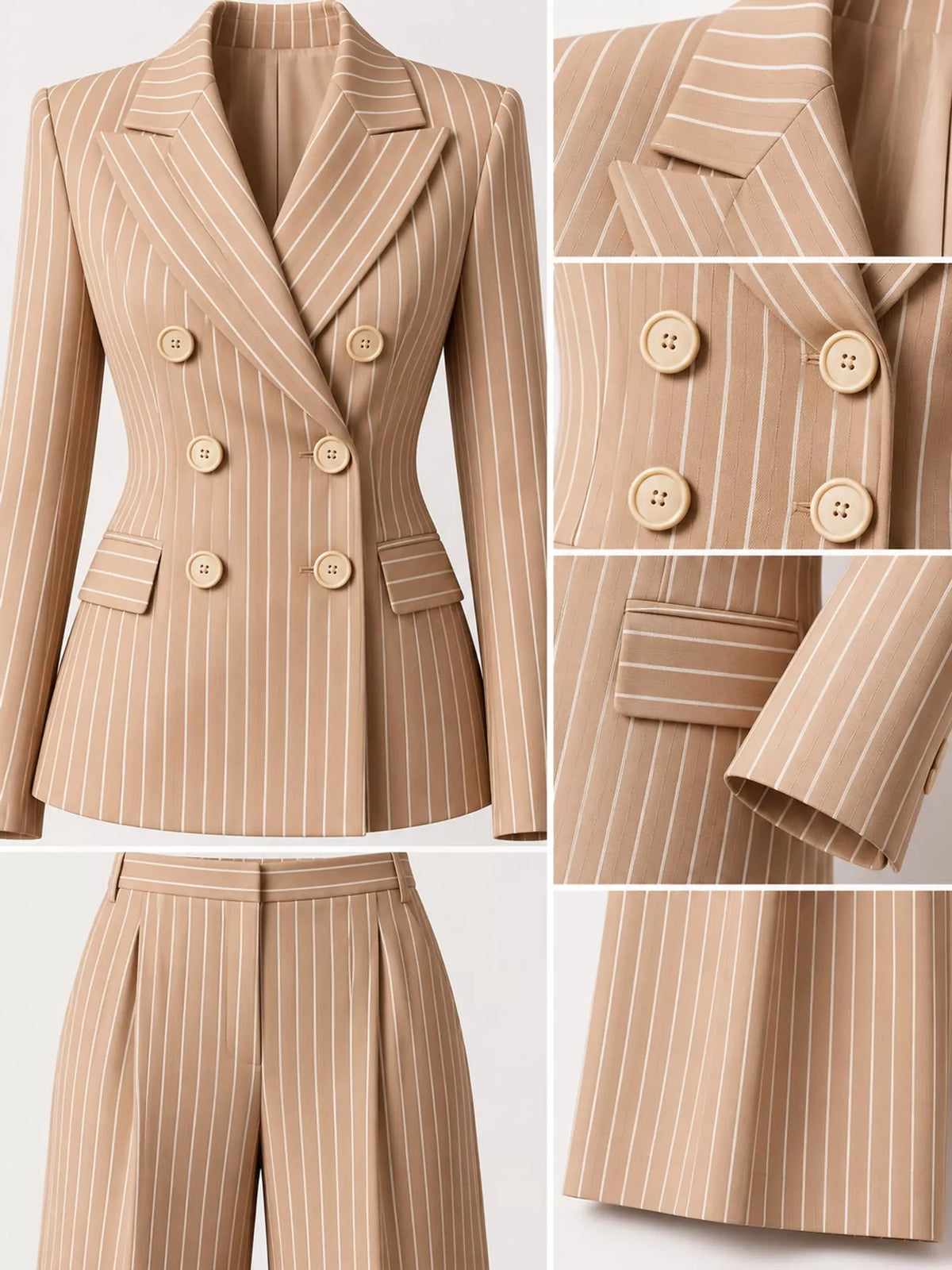 Detail view of apricot pinstripe blazer and wide-leg pants set, double-breasted gold buttons.
