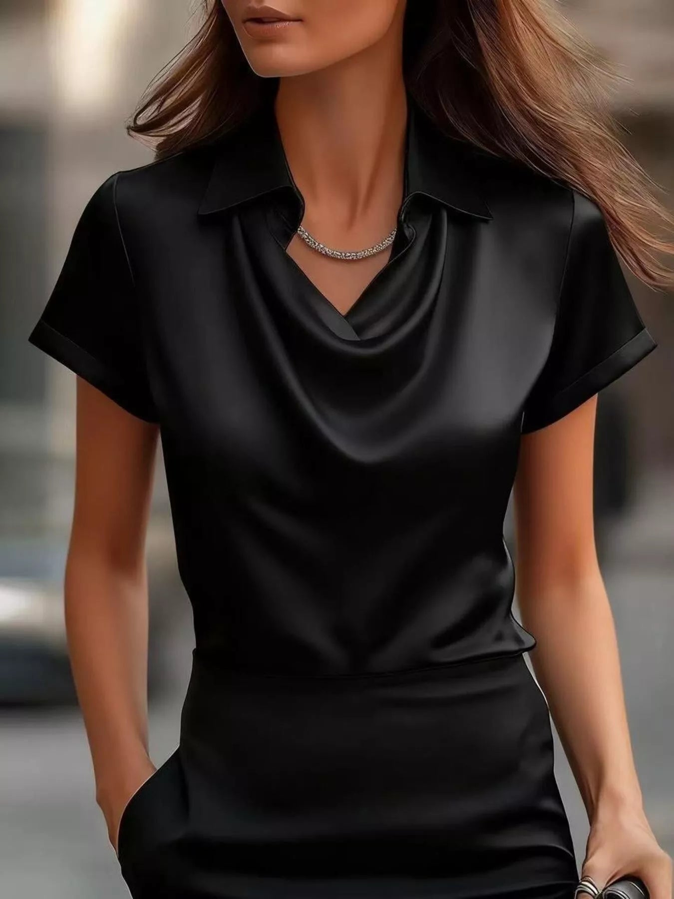 Satin cowl-neck short-sleeve blouse in black, pointed collar, draped V cowl neckline