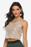 Metallic sequin cropped cami with thin spaghetti straps and scalloped neckline