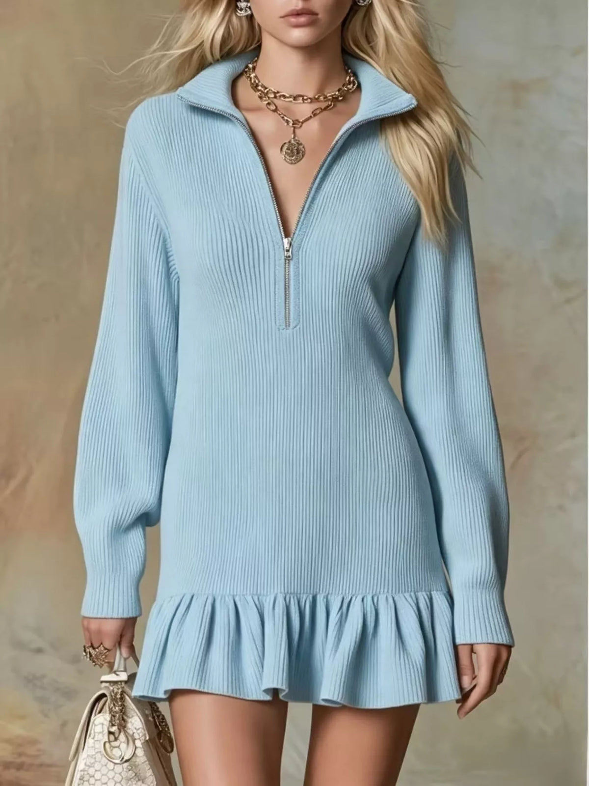 Light blue ribbed stretch dress with half-zip collar and ruffle hem