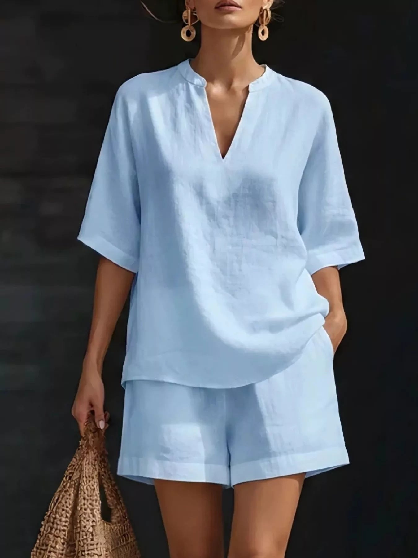 Plus size sky blue half-sleeve V-neck top with matching short shorts set