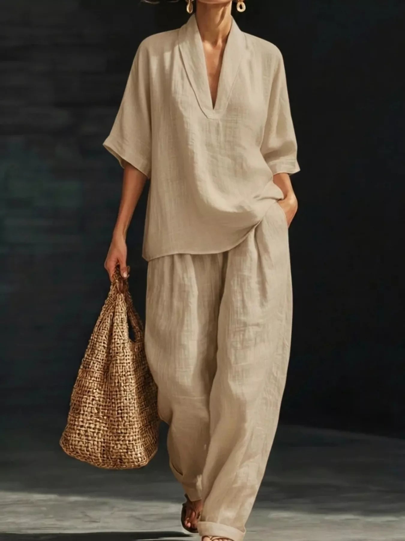 Beige half-sleeve V-neck loose top and loose pants set with relaxed fit