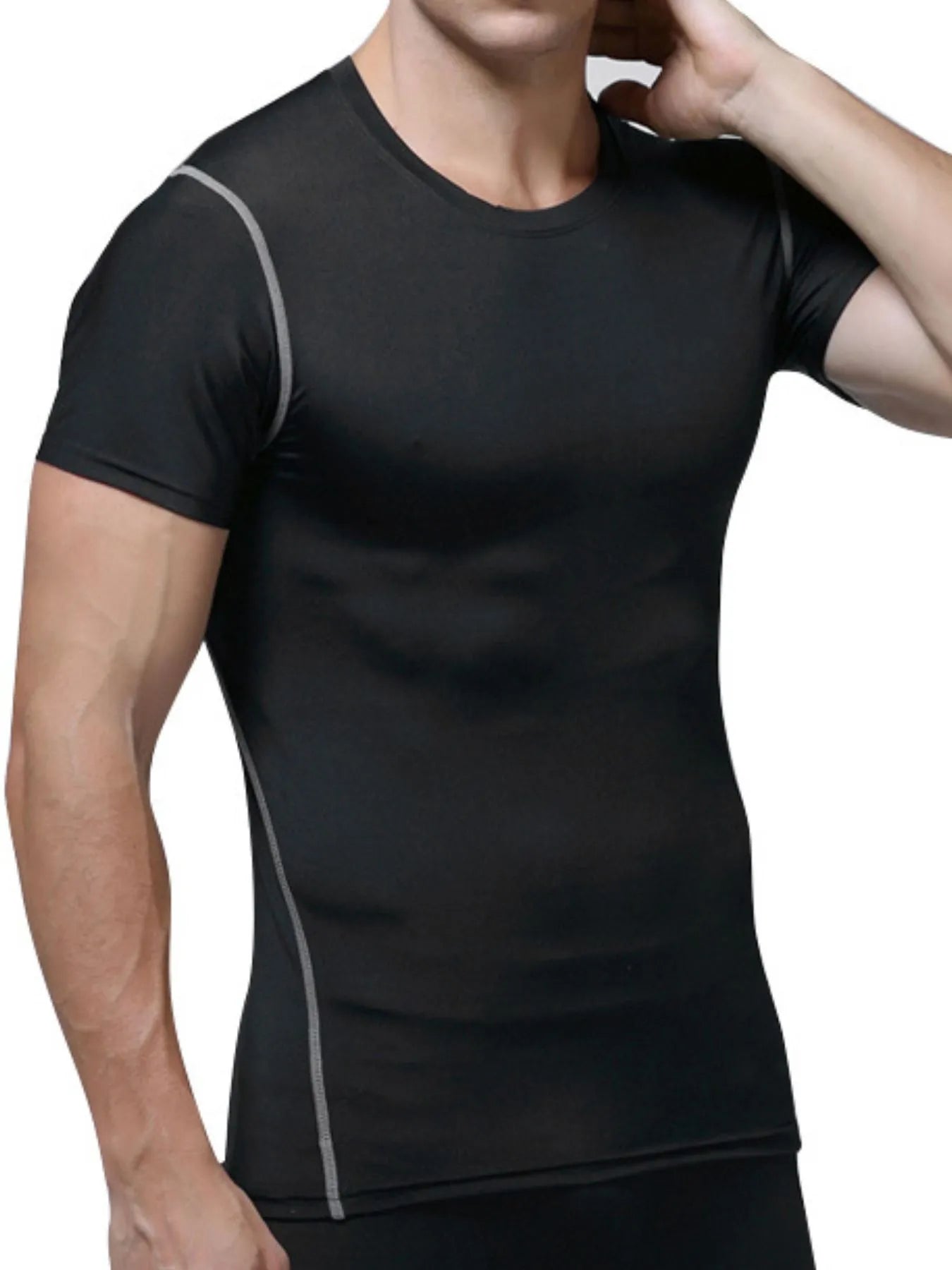 Men's moisture-wicking athletic T-shirt, black with curved light gray accent seams