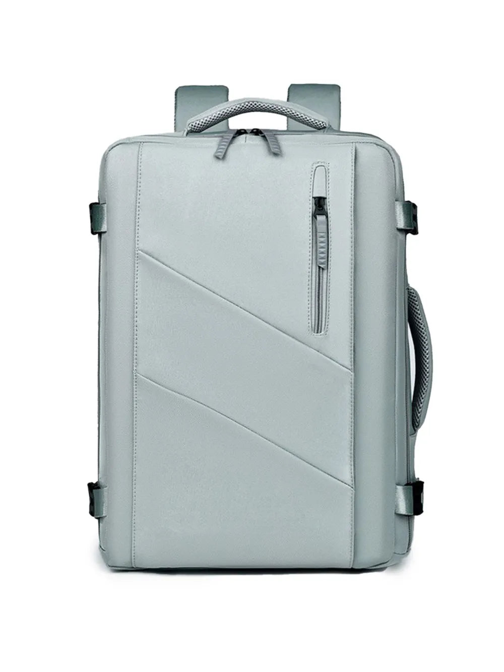 Light blue canvas backpack bag with top handle, front diagonal panel, and zip pocket