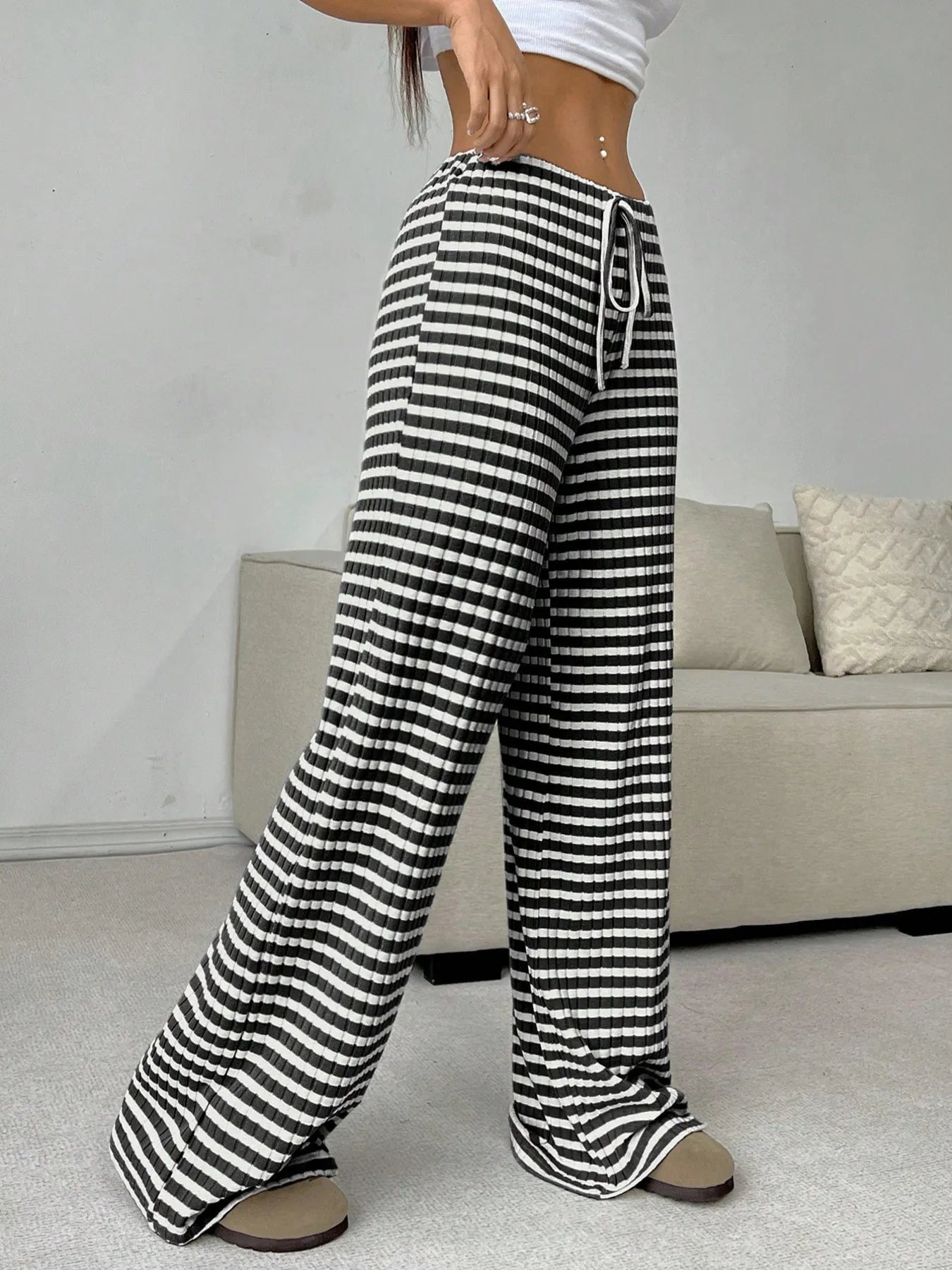 Striped wide-leg drawstring pants, black and white stripes, side tie drawstring