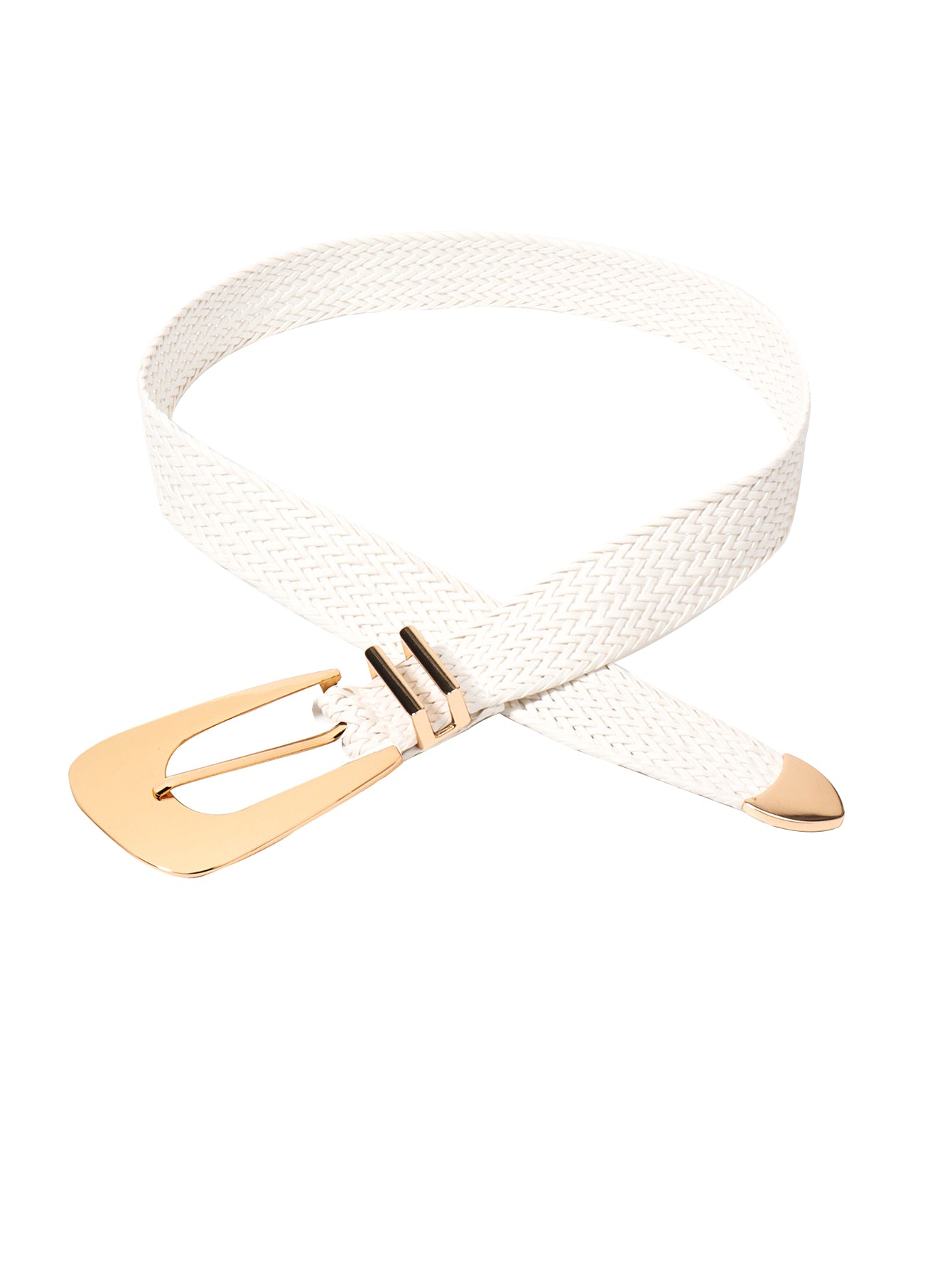 White braided belt with irregular metal buckle, woven strap