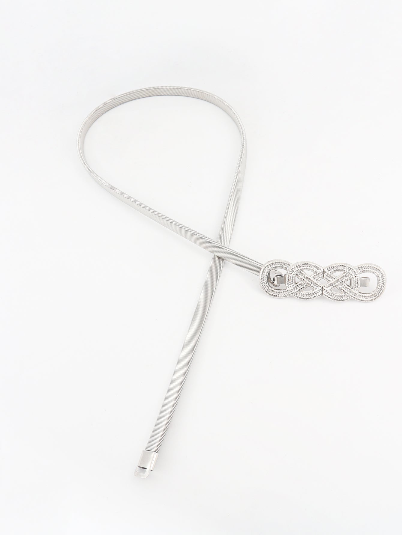 Silver metal knot buckle belt with long strap and braided centerpiece