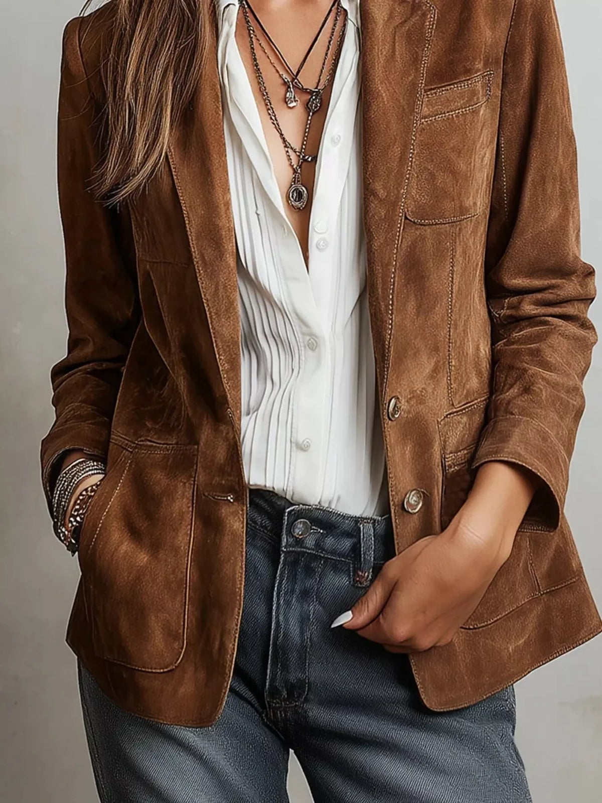 Brown suede blazer front with lapel, flap pockets, metal buttons