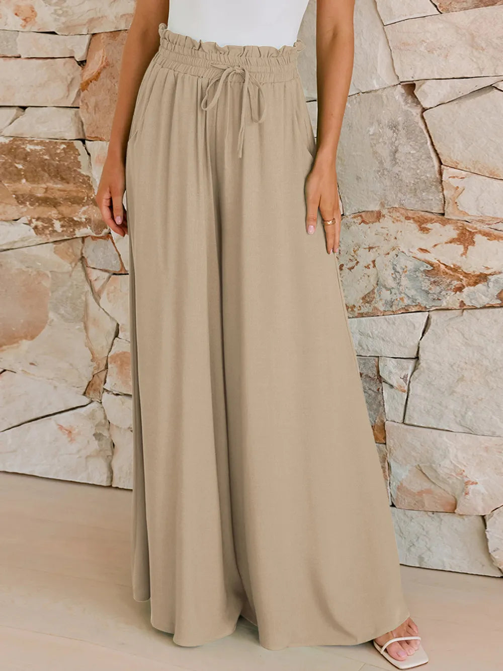Drawstring wide-leg pants with elastic waist, beige