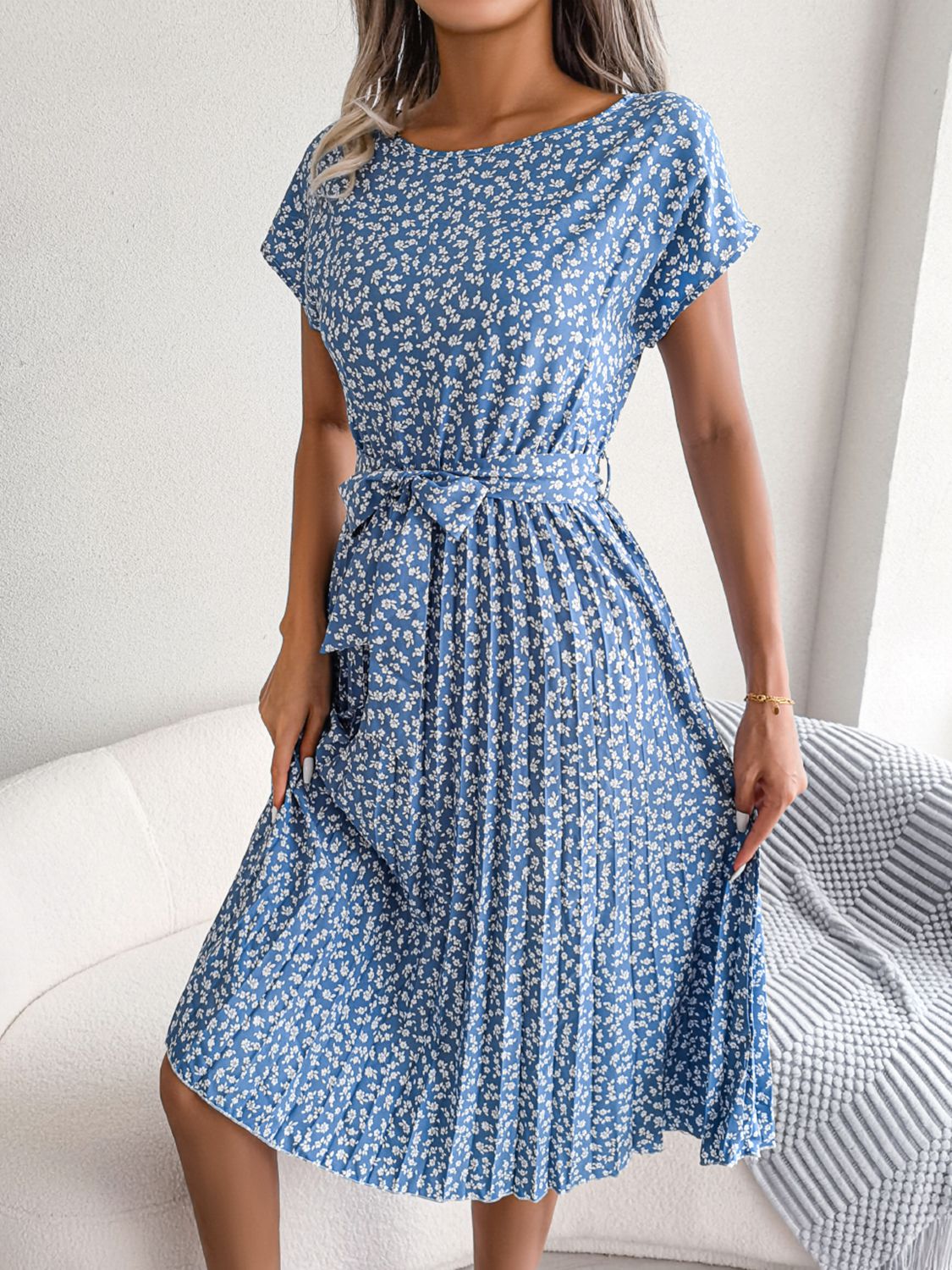 Ditsy floral pleated belted dress in sky blue, ruched waist and pleated hem