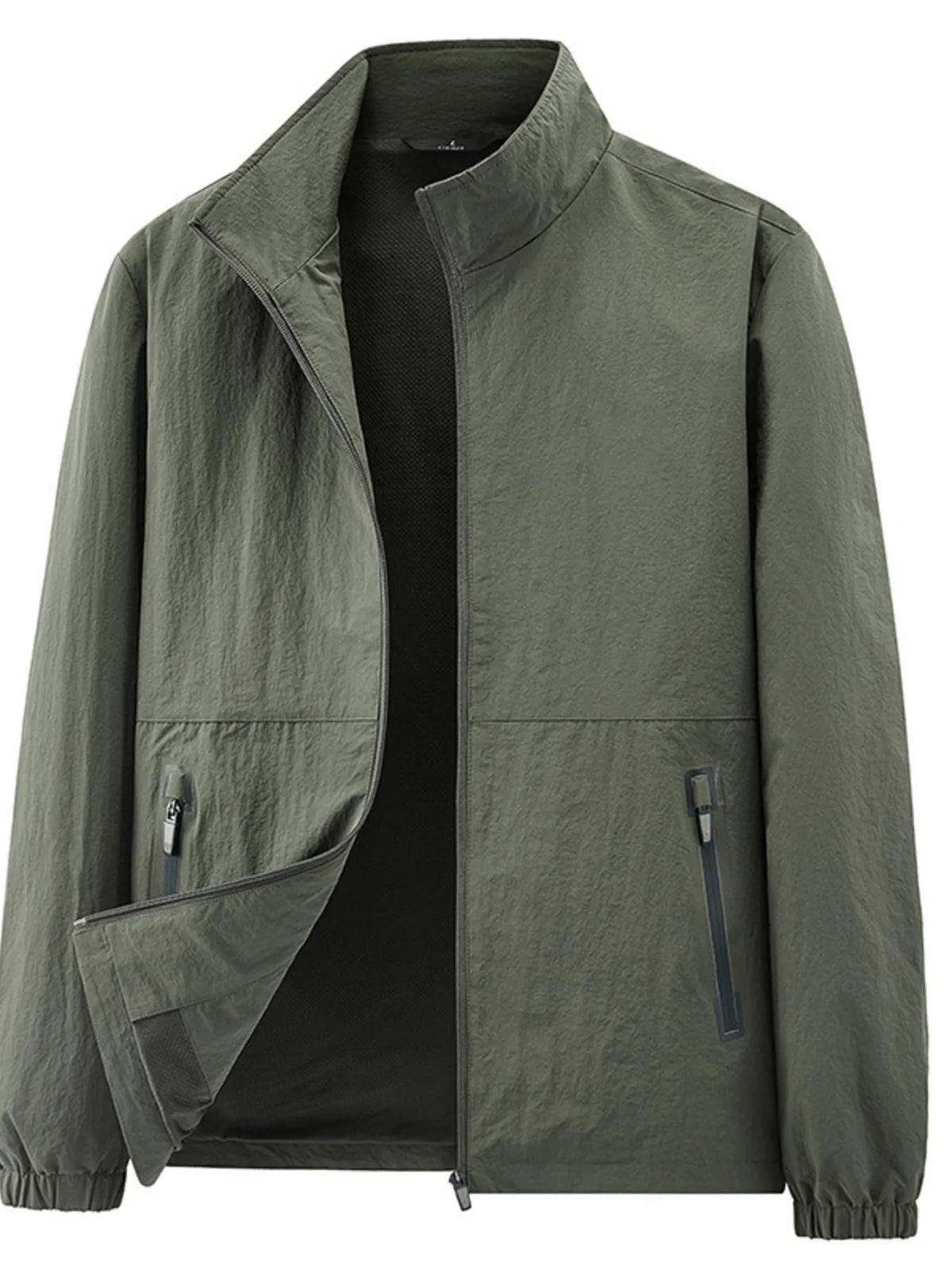 Men's zip-up jacket in army green with stand collar and two zip pockets